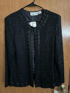 Laurence Kazar Jacket Women's PM Black Beaded Evening 100% Silk Formal Party